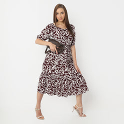 Flare Fit Floral Square Neck Calf Length Dress