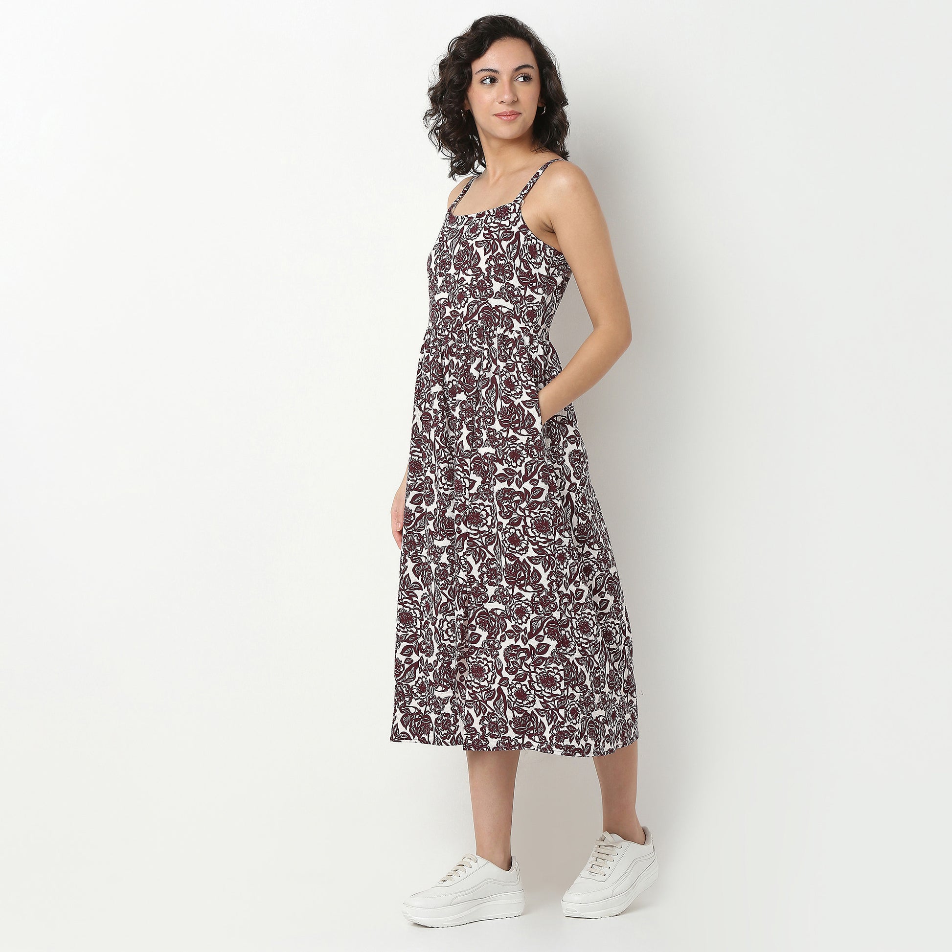 Printed Polyester Dress, Below Knee Length