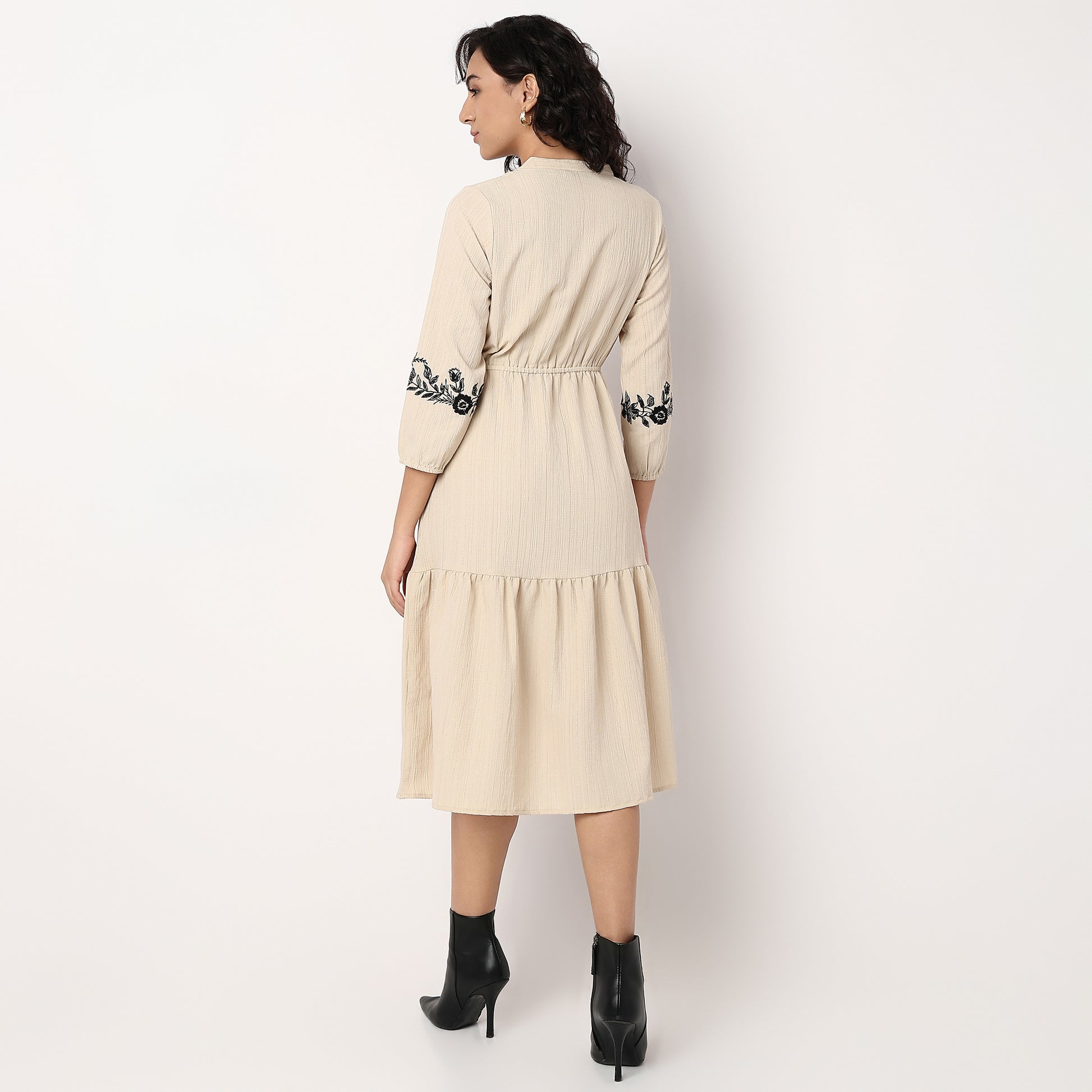 Woven Solid Mandarin Collar Tiered Dress