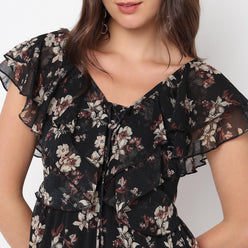 Flare Fit Floral Print V-Neck Dress