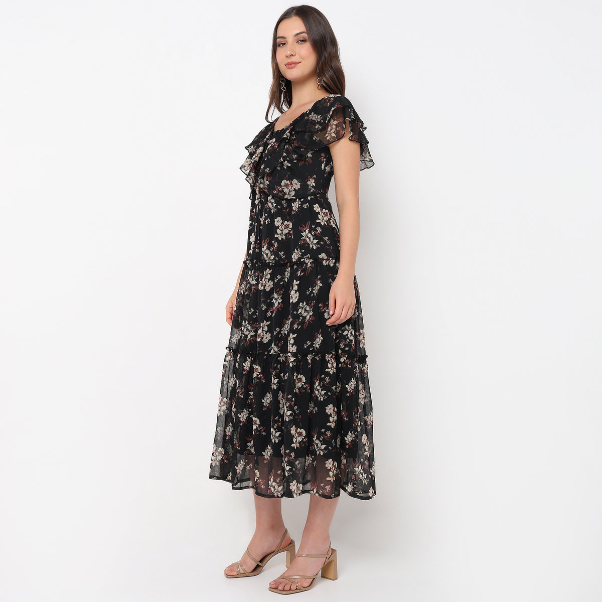 Flare Fit Floral Print V-Neck Dress