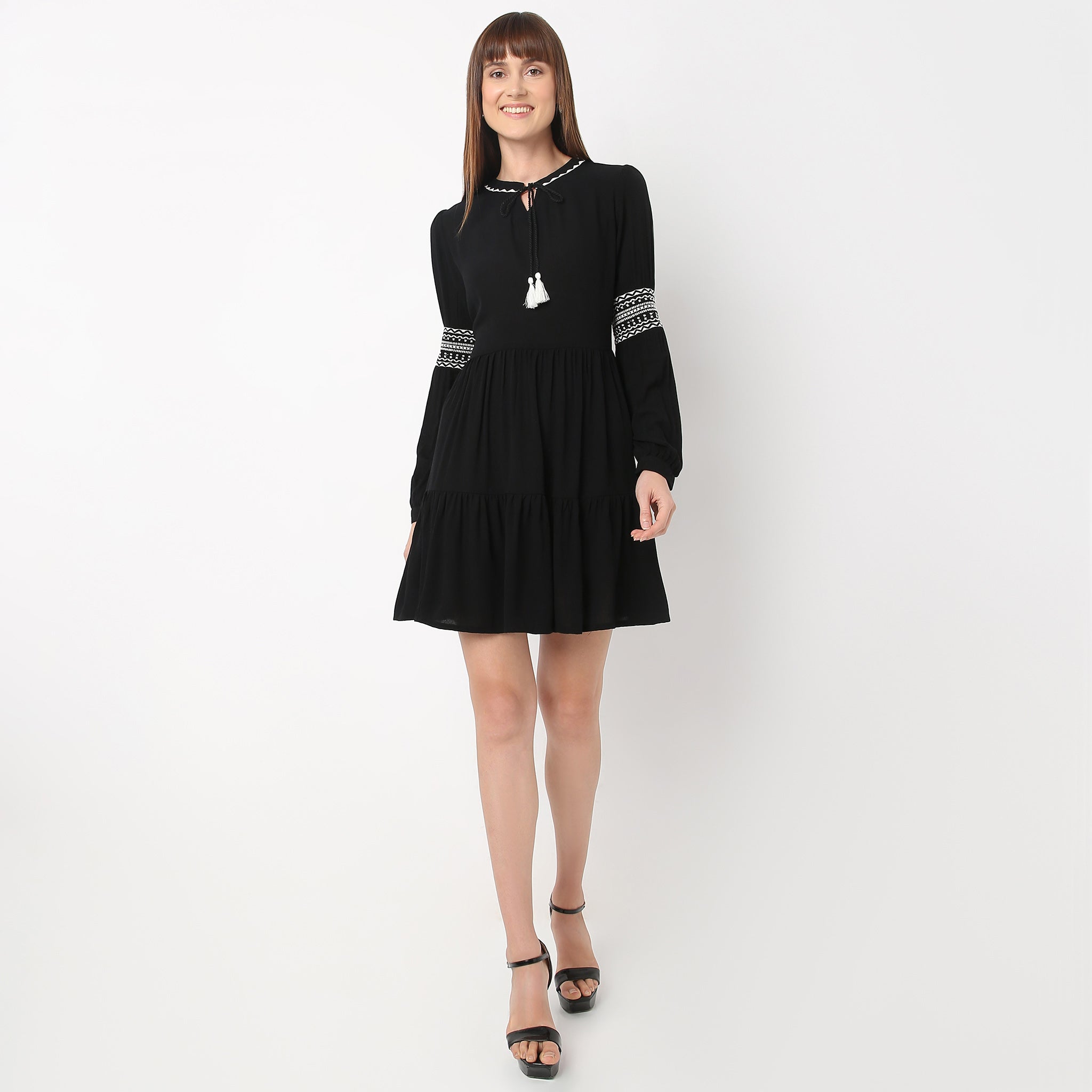 Regular Fit Embroidered Band Neck Dress
