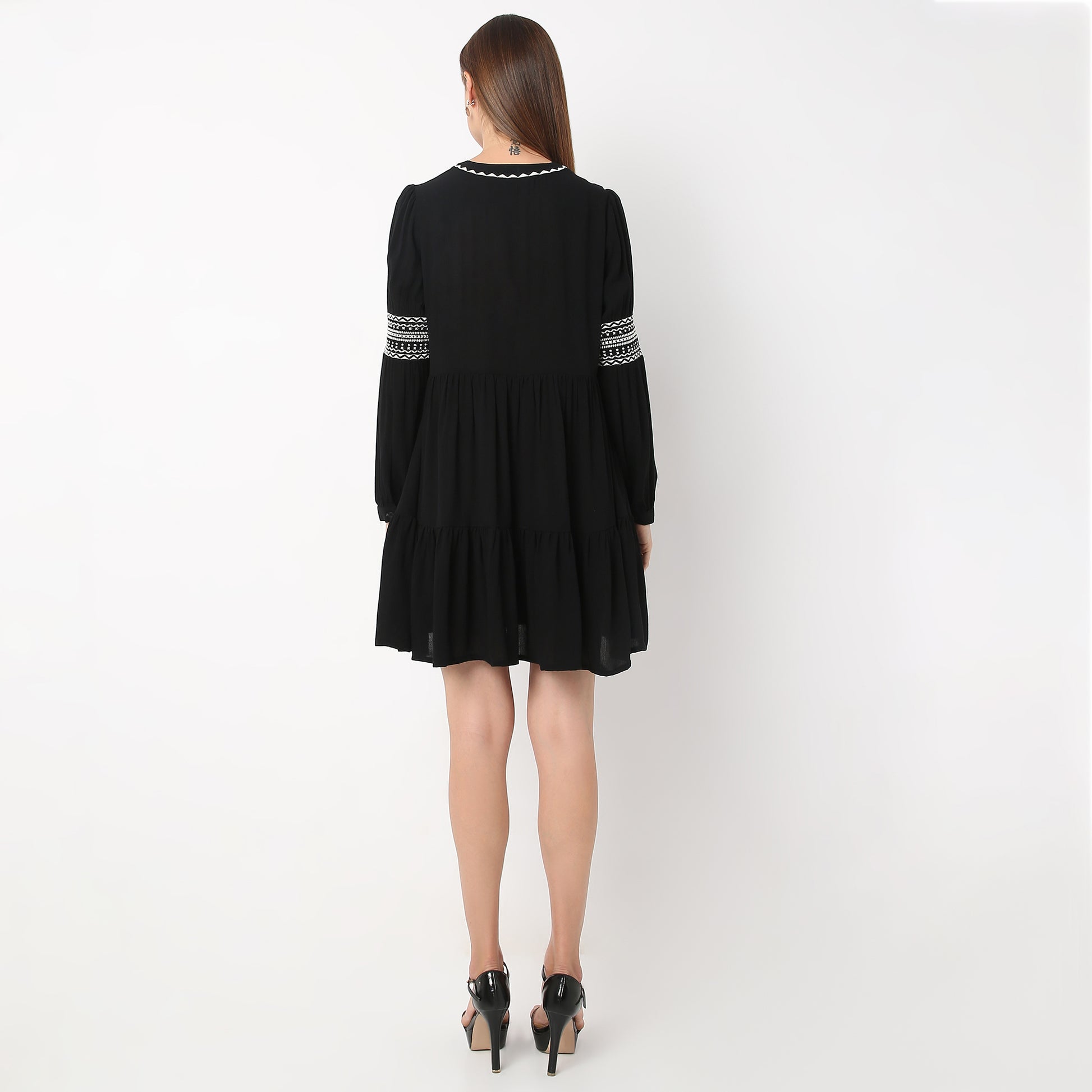 Regular Fit Embroidered Band Neck Dress