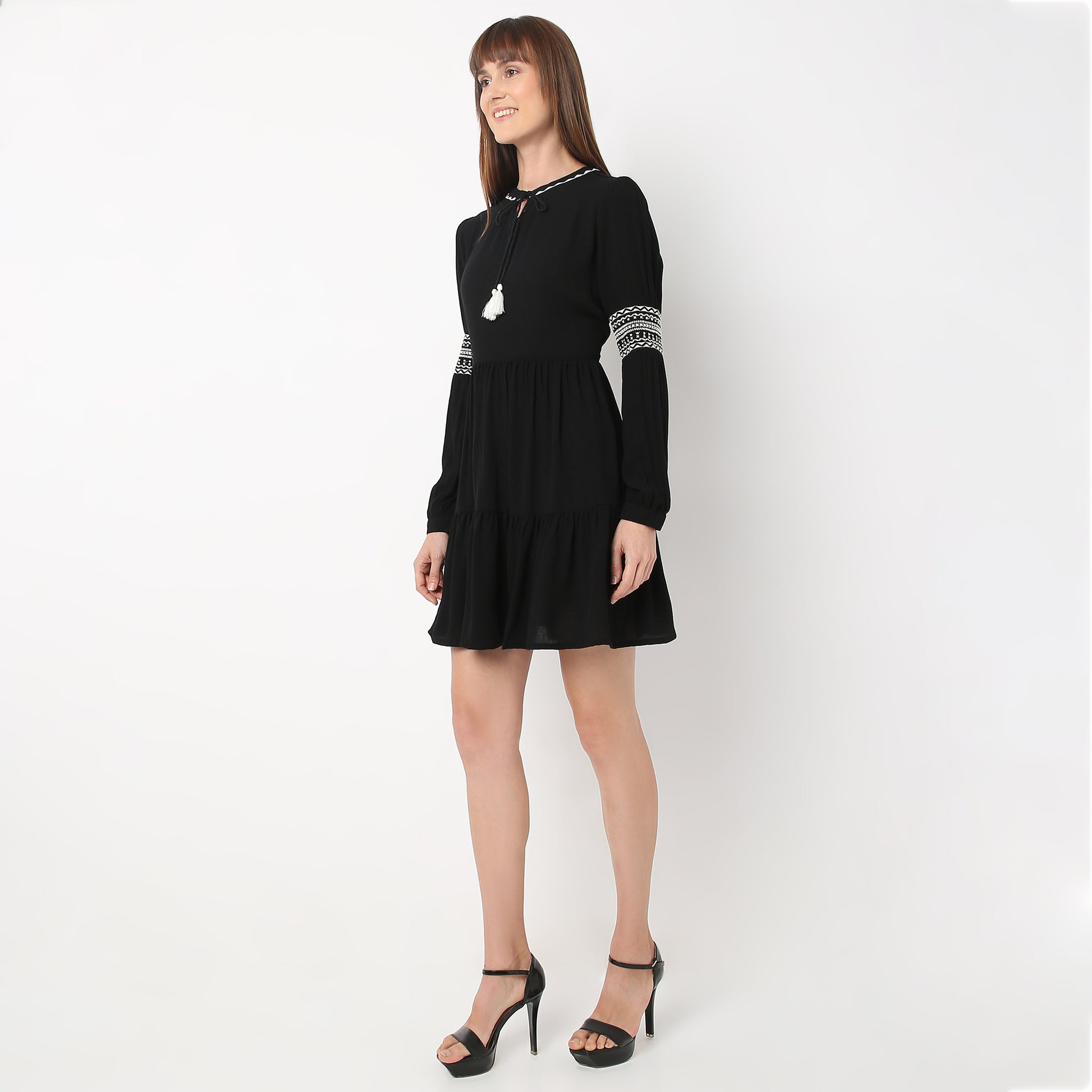 Regular Fit Embroidered Band Neck Dress