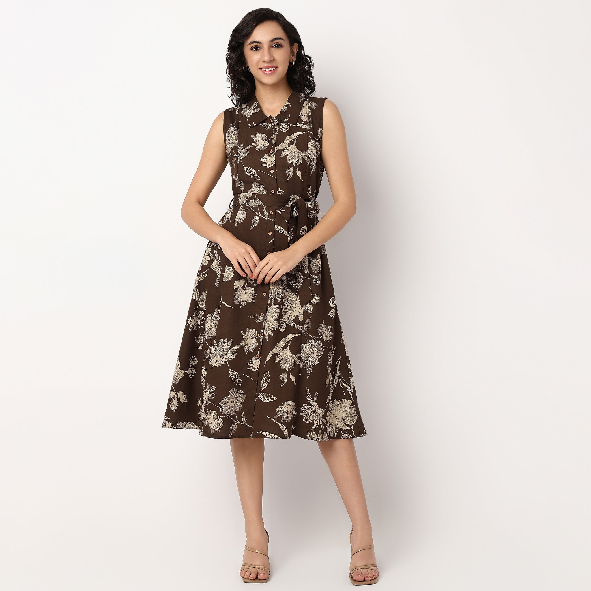 Knee Length Isabella Sleeveless Flared Shirt Dress With Tie Up Belt