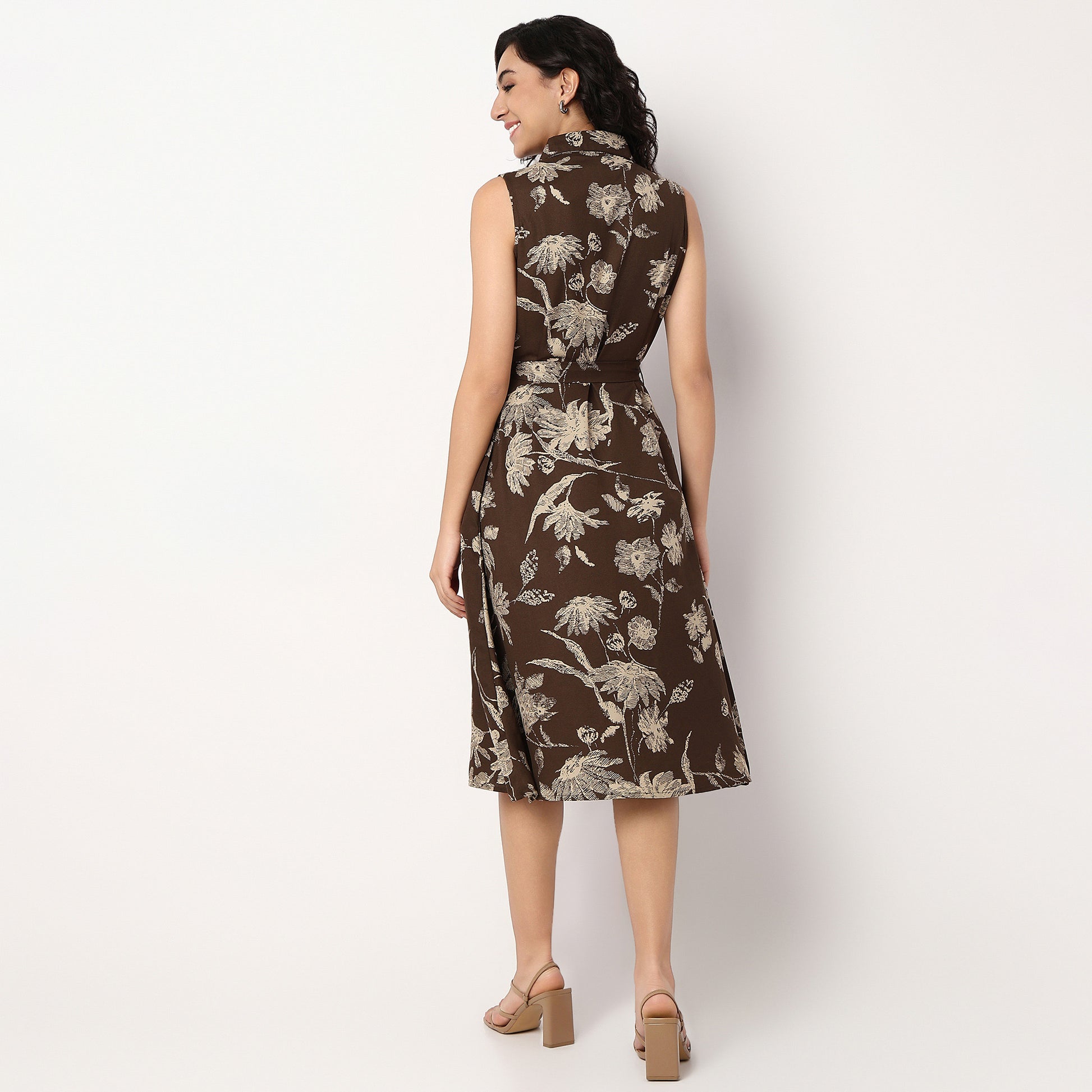 Knee Length Isabella Sleeveless Flared Shirt Dress With Tie Up Belt