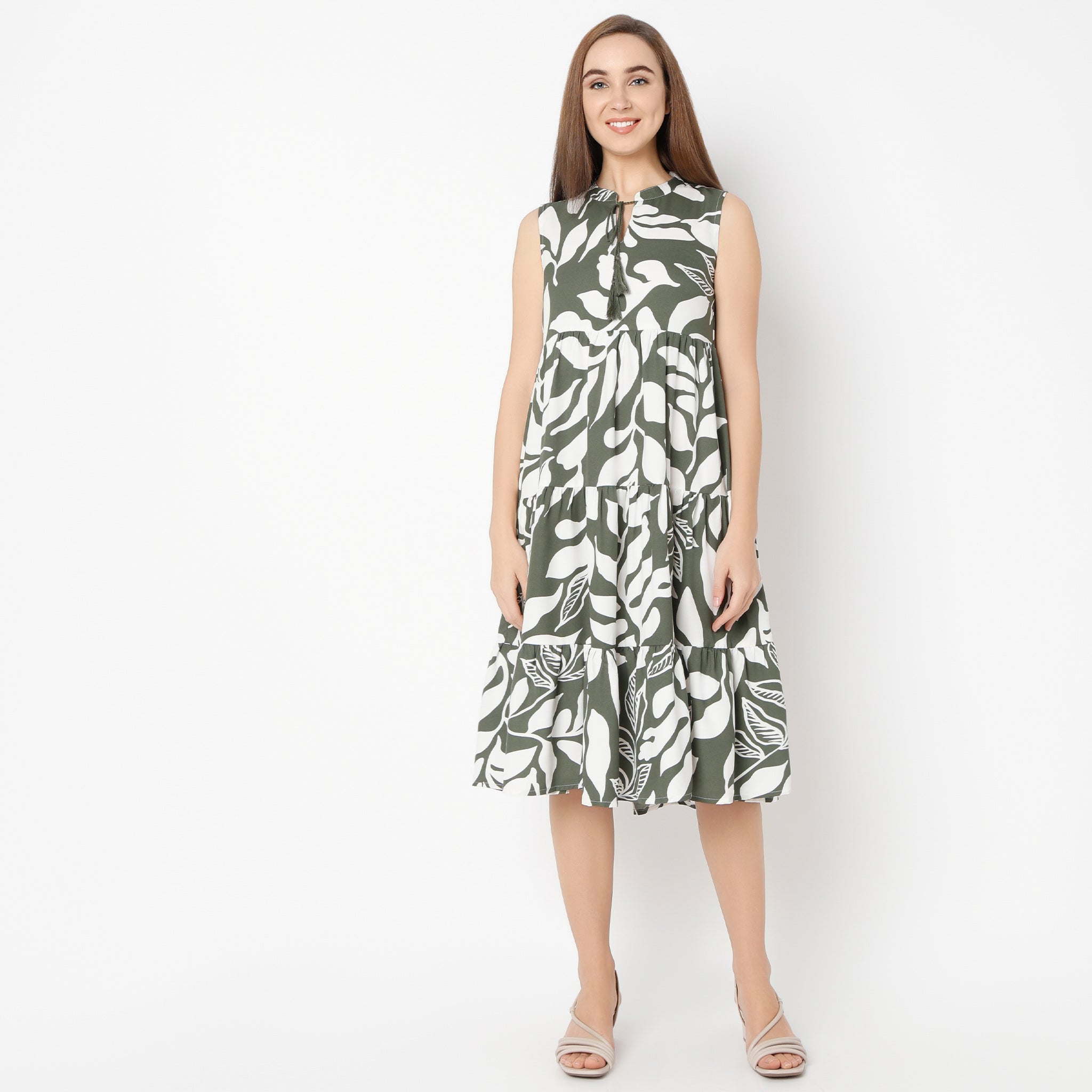 Flare Fit Floral Band Neck Dress