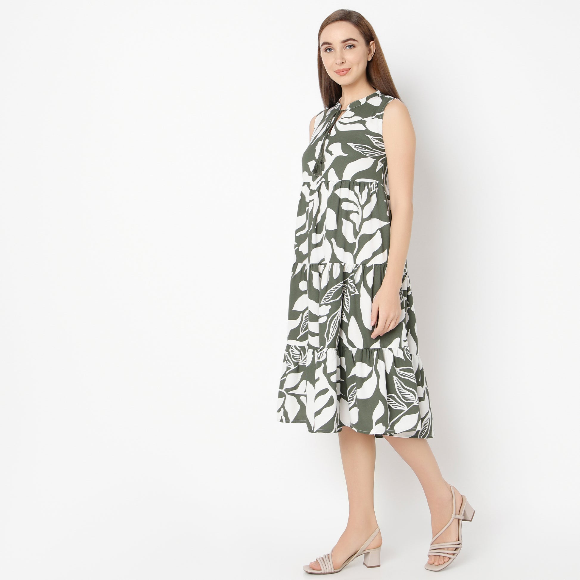 Flare Fit Floral Band Neck Dress