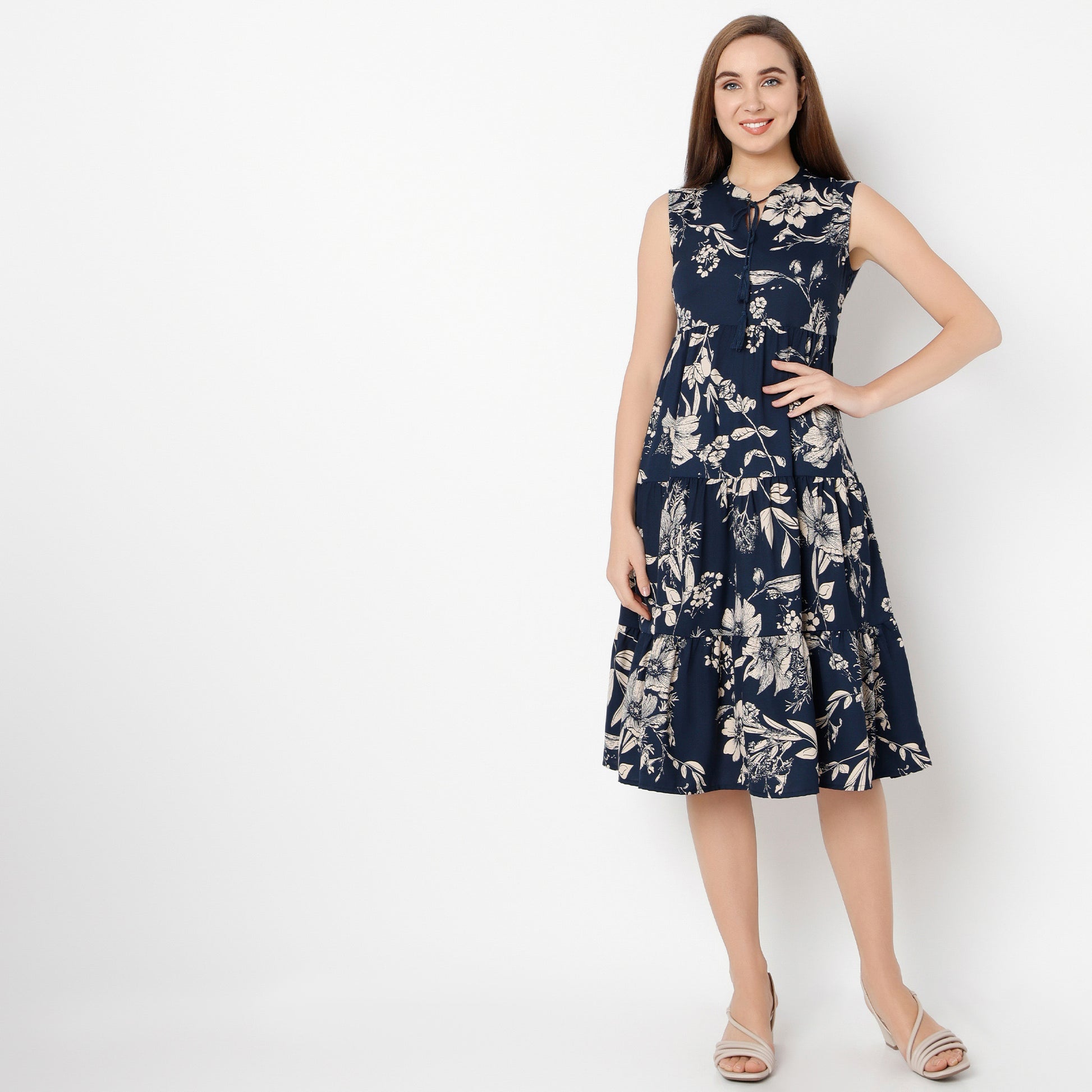 Flare Fit Floral Band Neck Dress