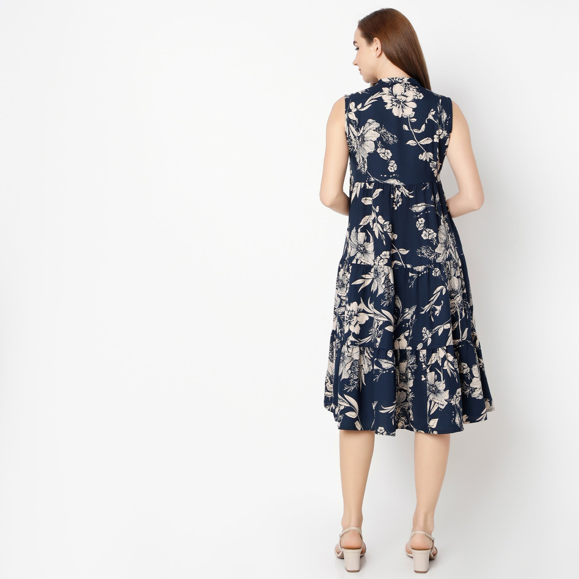 Flare Fit Floral Band Neck Dress