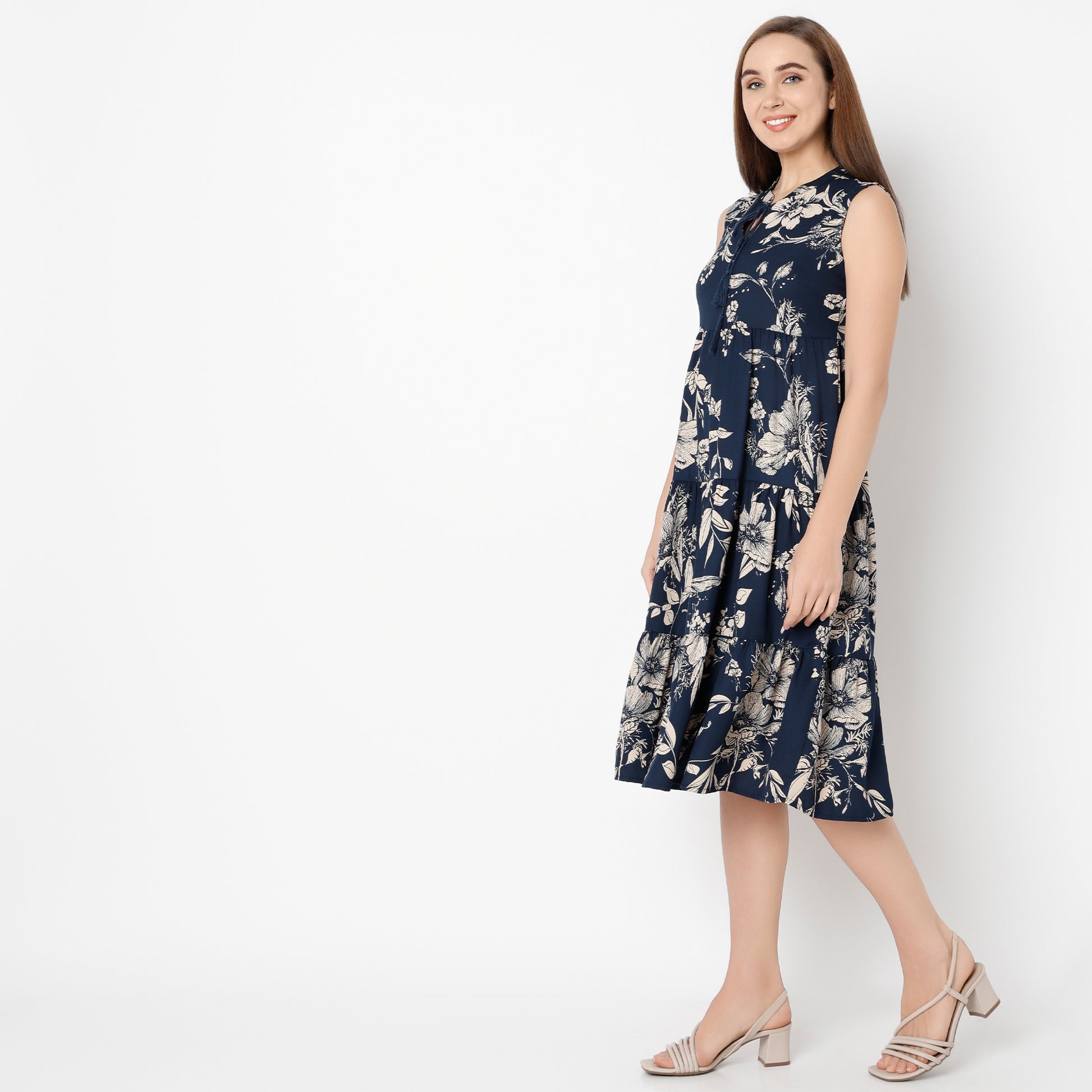 Flare Fit Floral Band Neck Dress