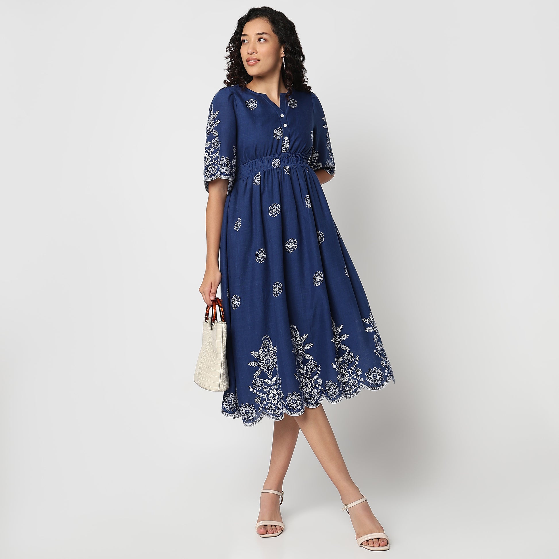 Flare Fit Floral Print V-Neck Dress