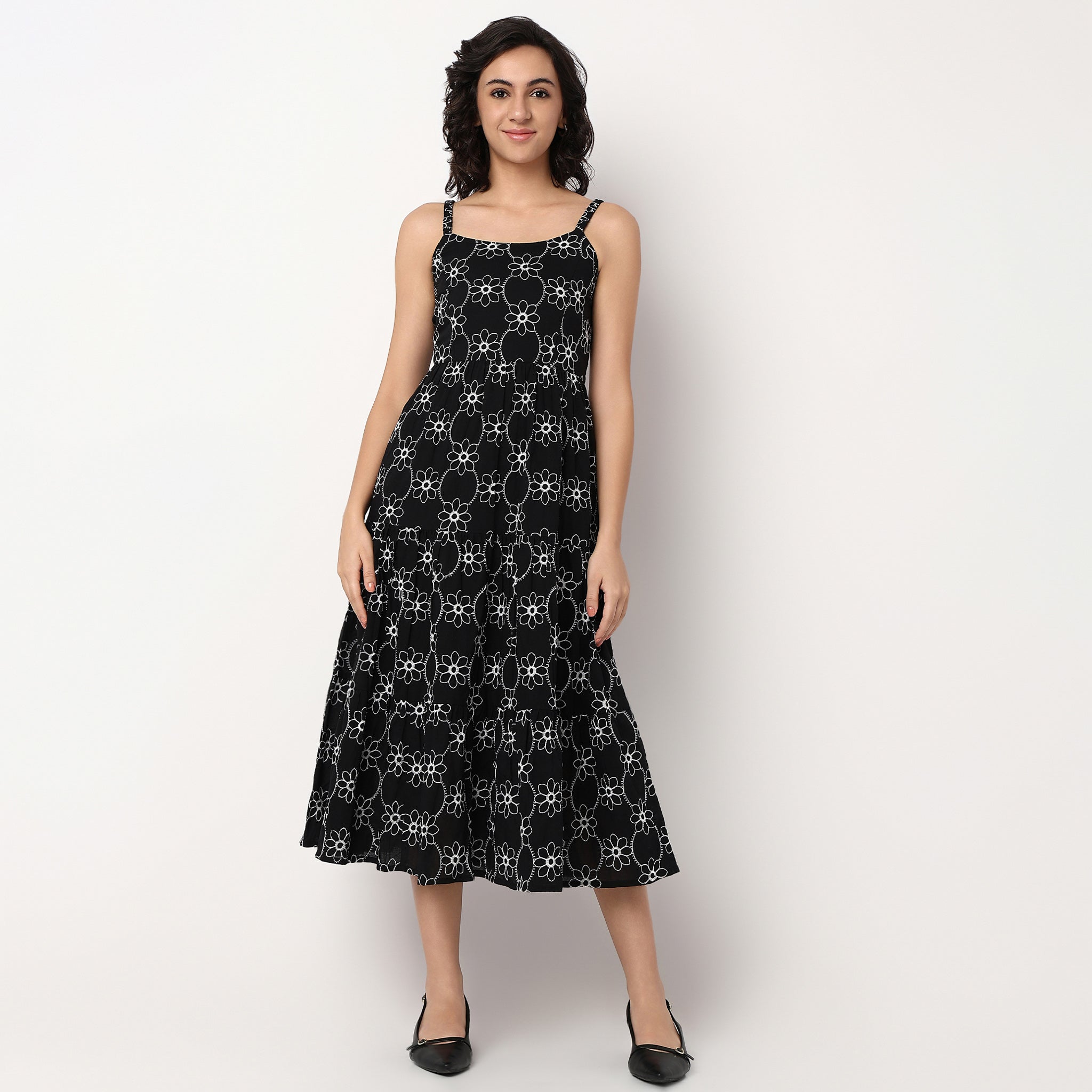 Woven Embroidered U-Neck Flared Strapy Dress