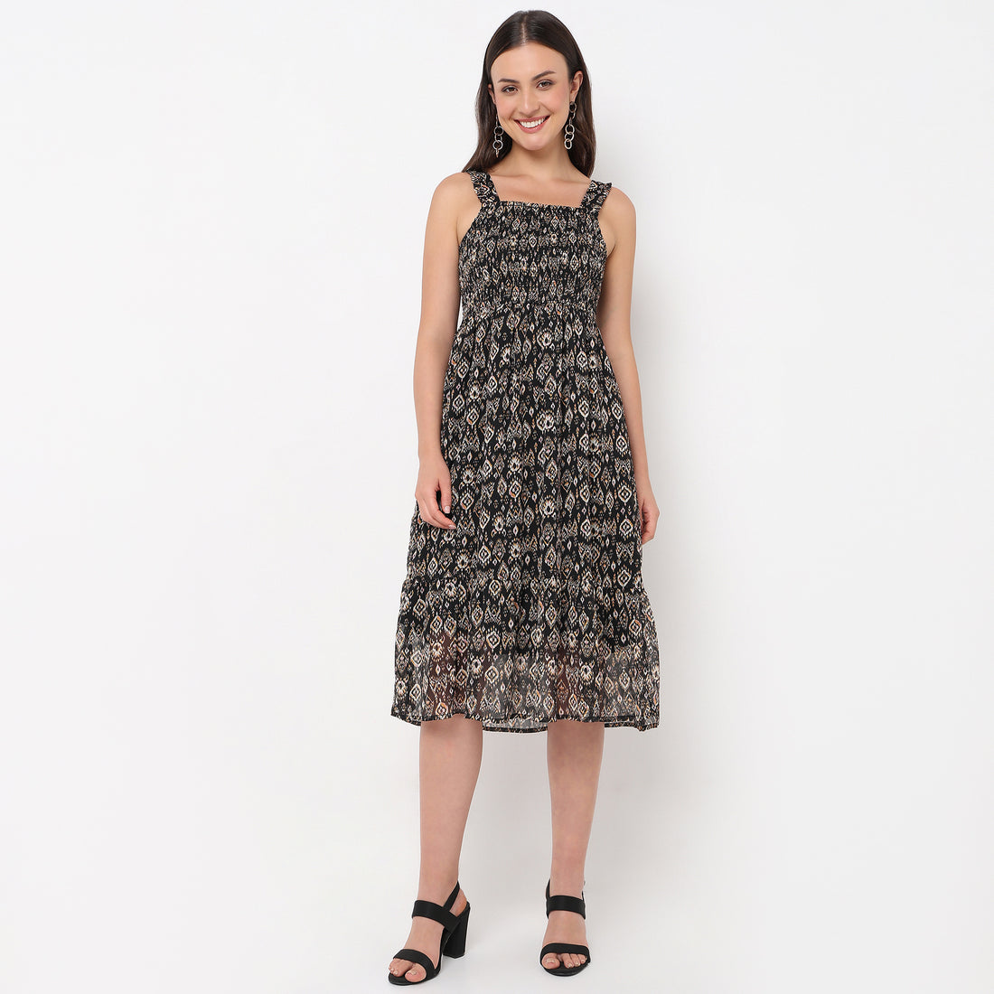 Printed Square Neck Strap Dress