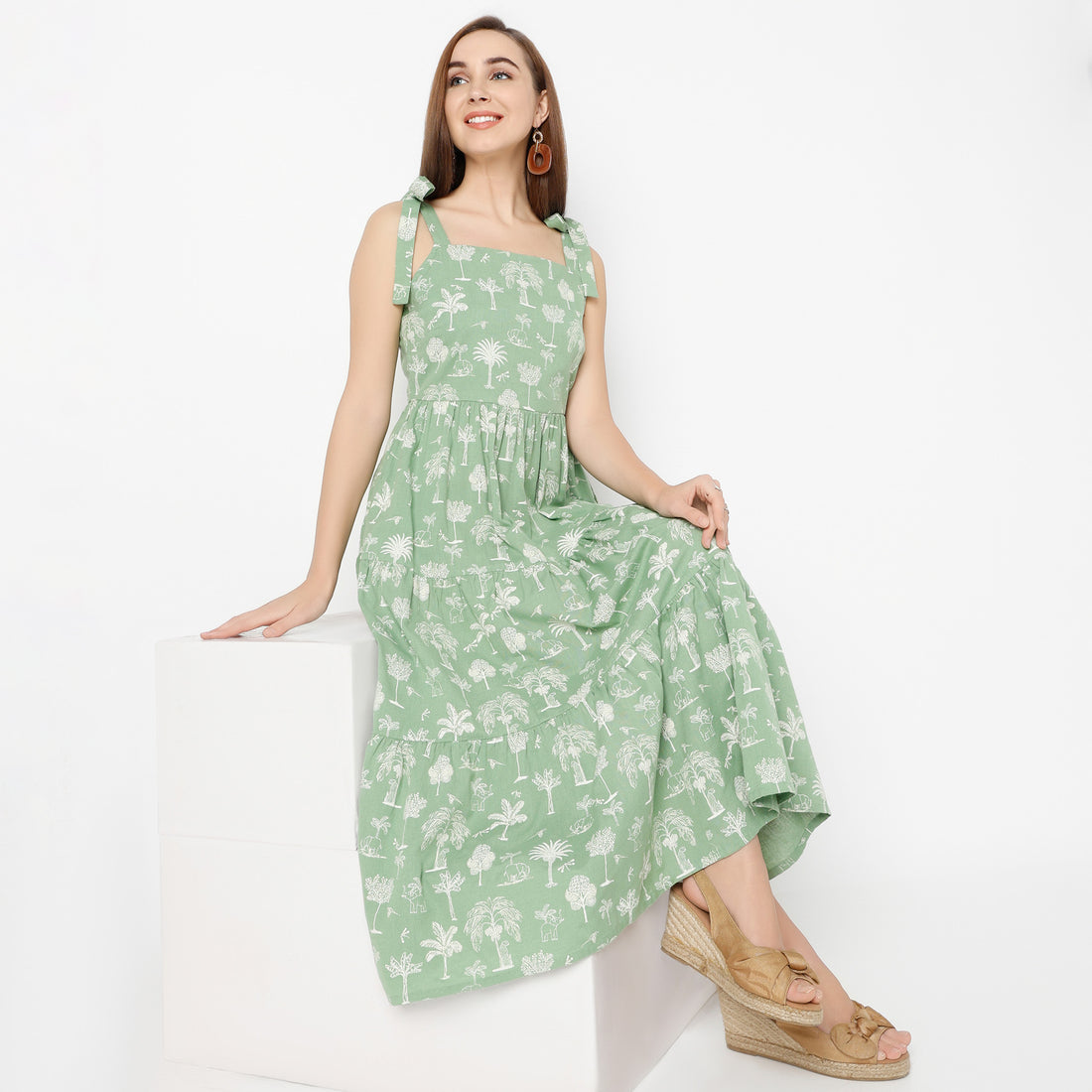 Flare Fit Printed Square Neck Dress