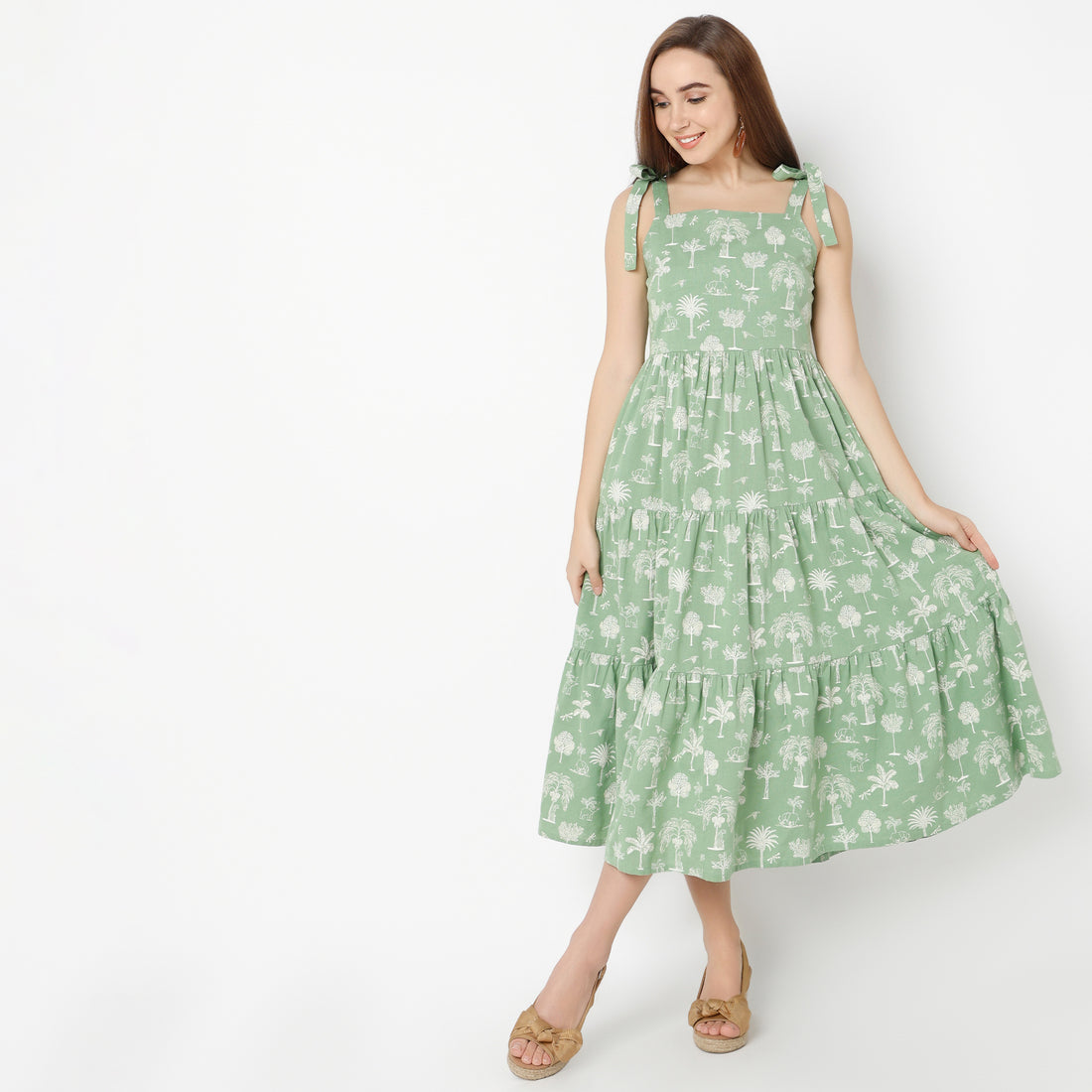 Flare Fit Printed Square Neck Dress