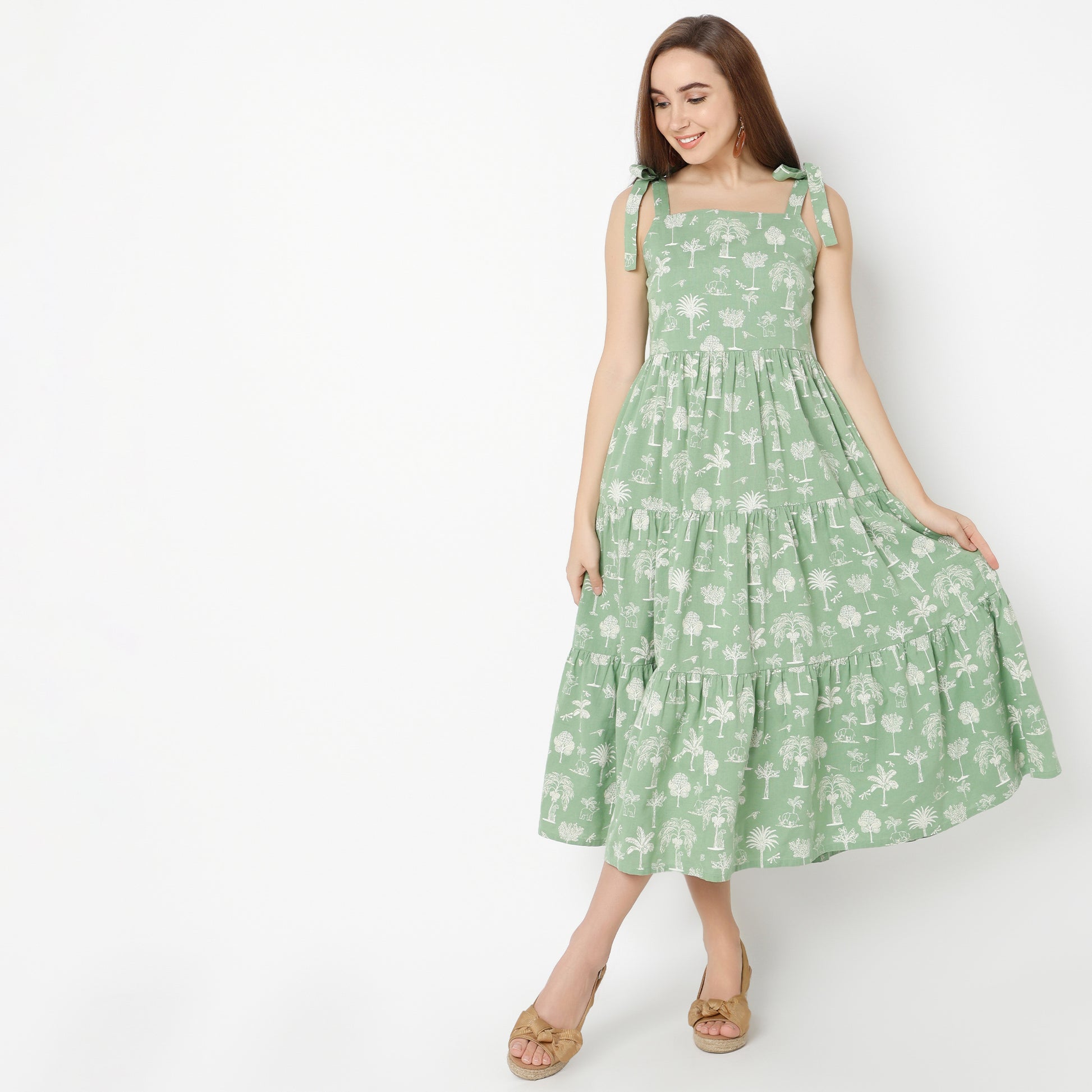 Flare Fit Printed Square Neck Dress