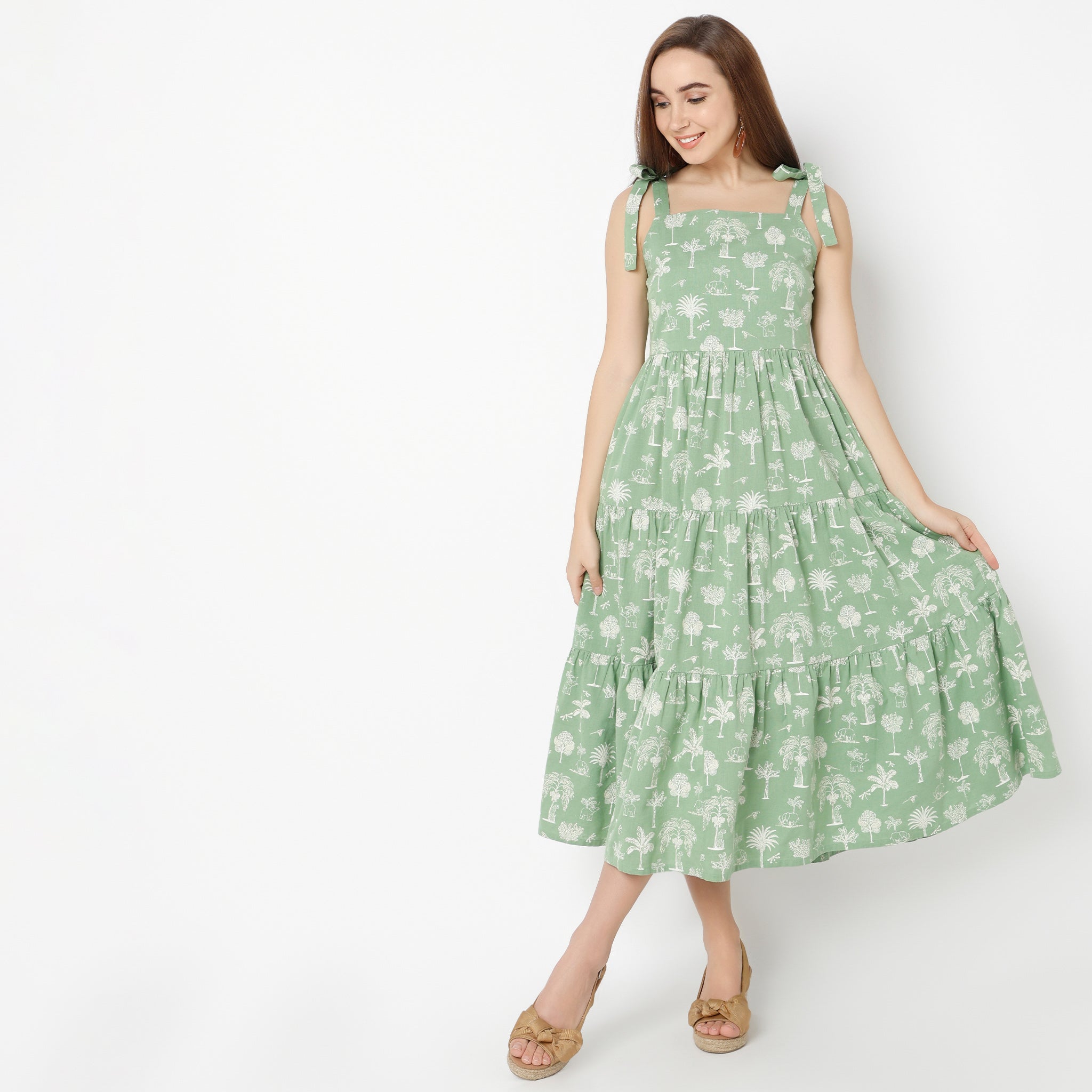 Flare Fit Printed Square Neck Dress