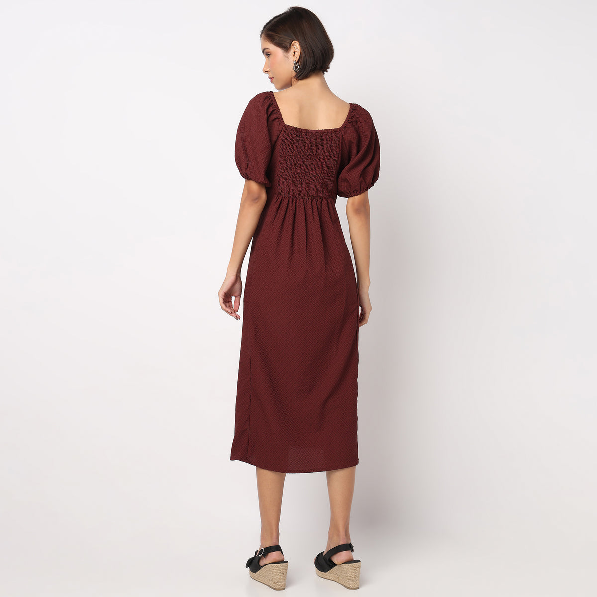 Structured Puff Sleeve Flared Dress