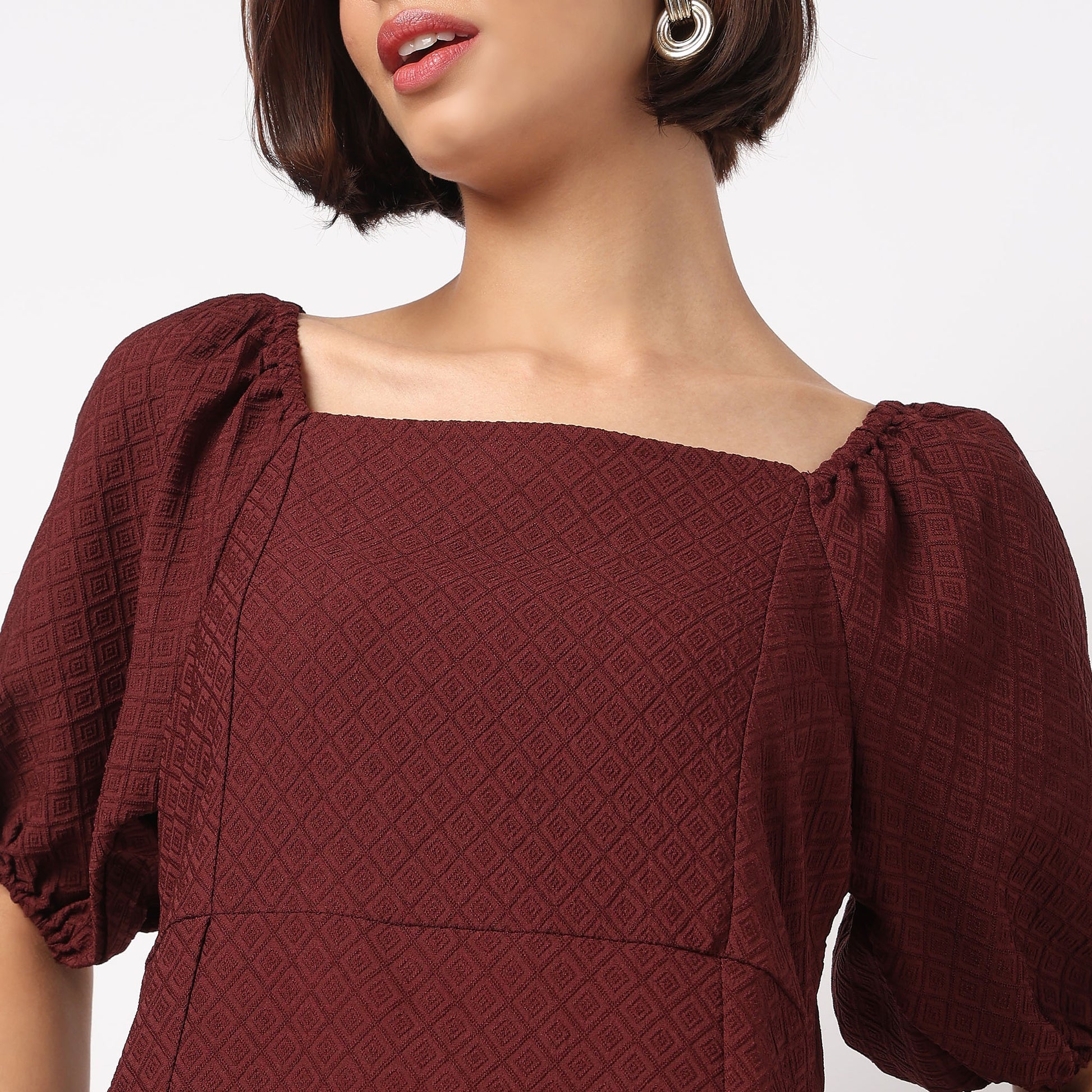 Structured Puff Sleeve Flared Dress