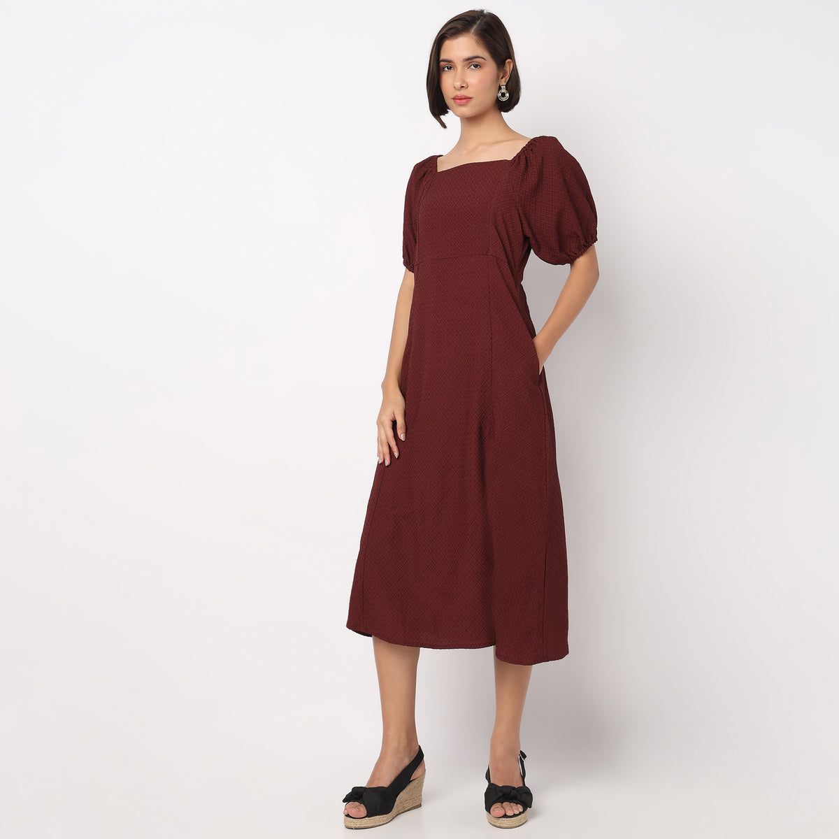 Structured Puff Sleeve Flared Dress