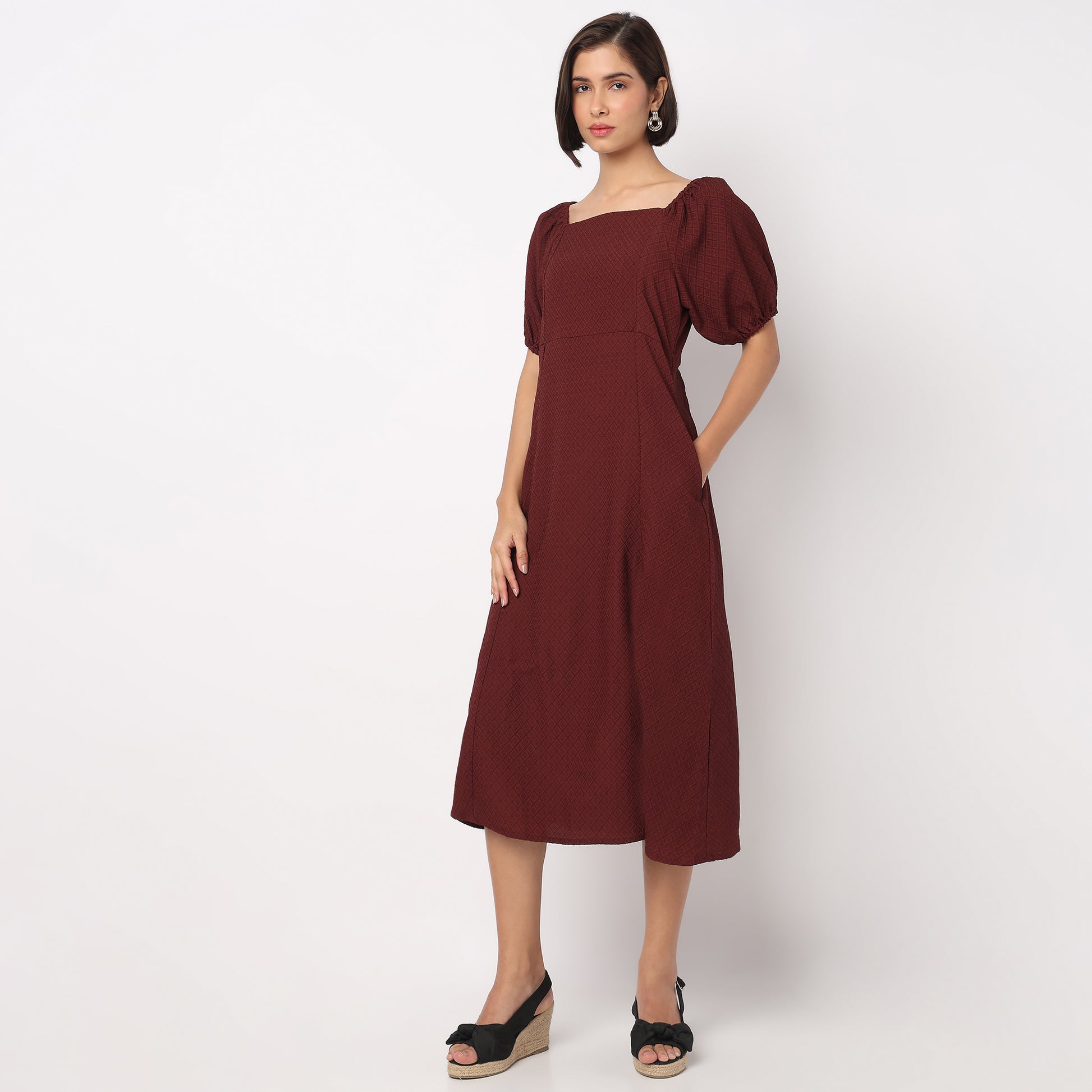Structured Puff Sleeve Flared Dress