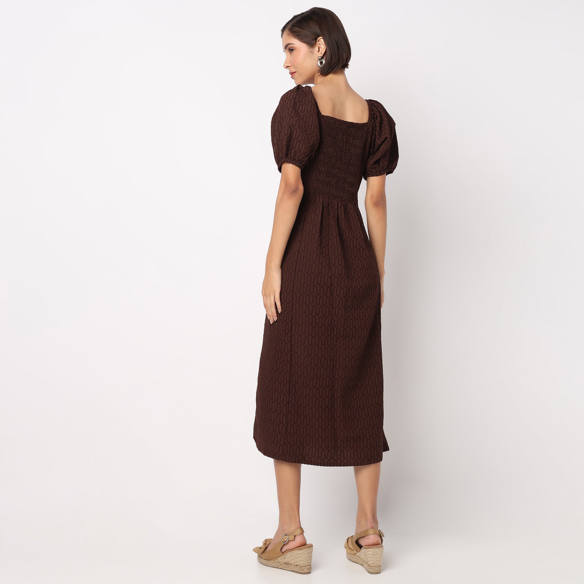 Structured Puff Sleeve Flared Dress