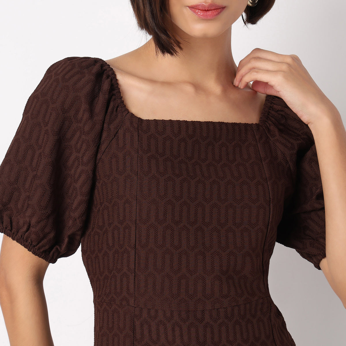 Structured Puff Sleeve Flared Dress