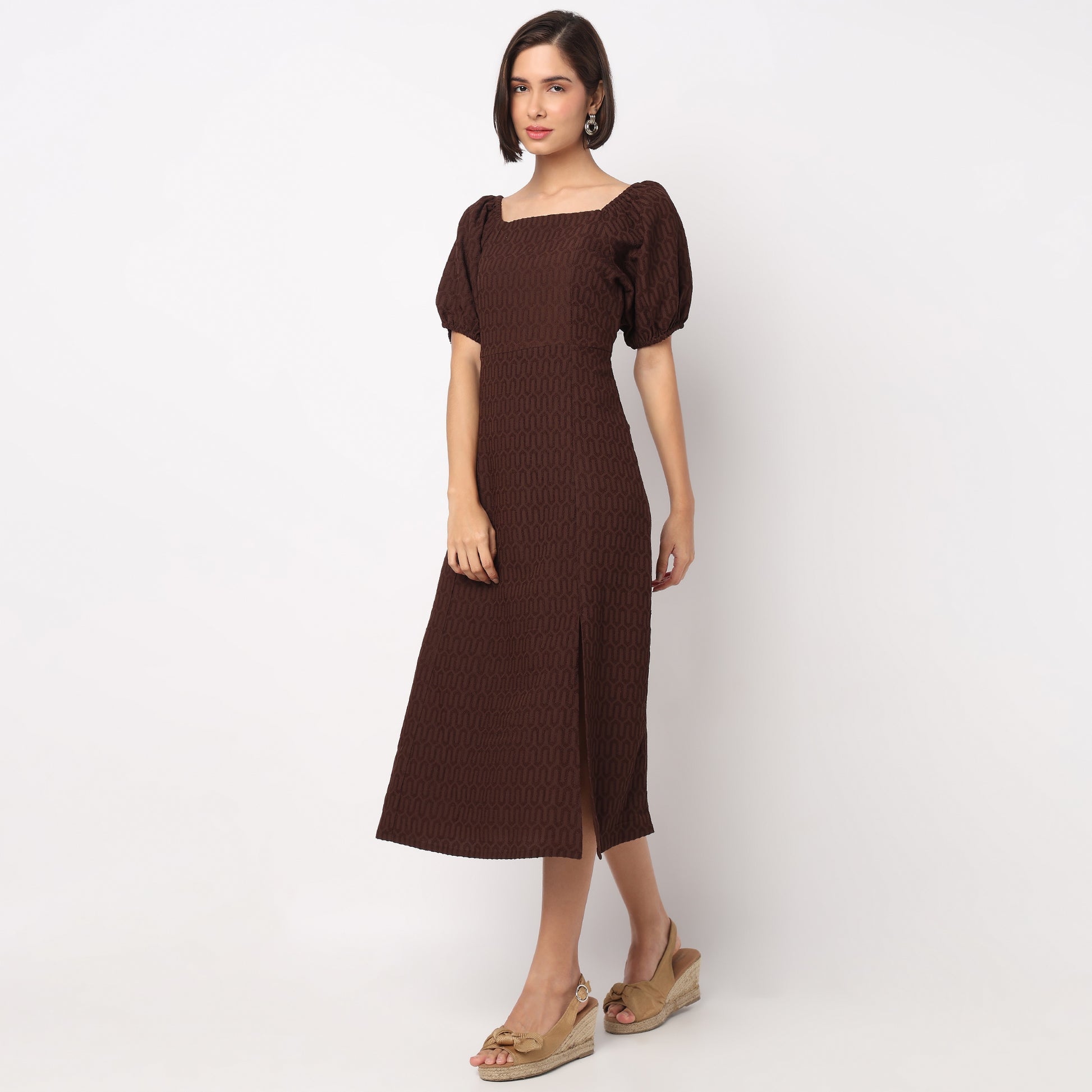 Structured Puff Sleeve Flared Dress