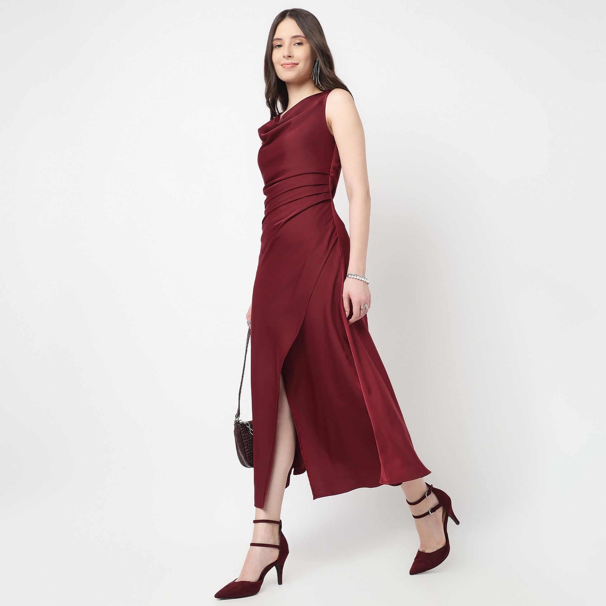 Slim Fit Cowl Neck Dress With Front Slit