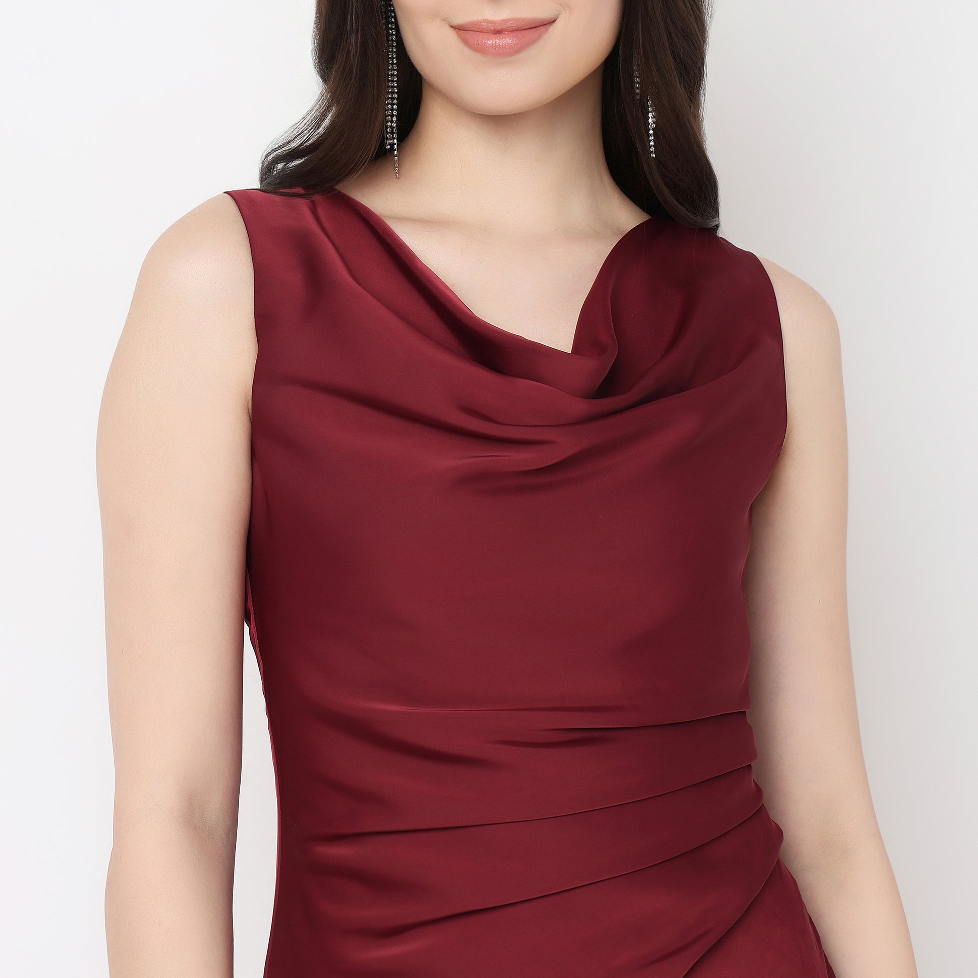Slim Fit Cowl Neck Dress With Front Slit