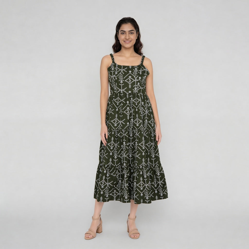 Embroidered Shoulder Straps Flared Dress