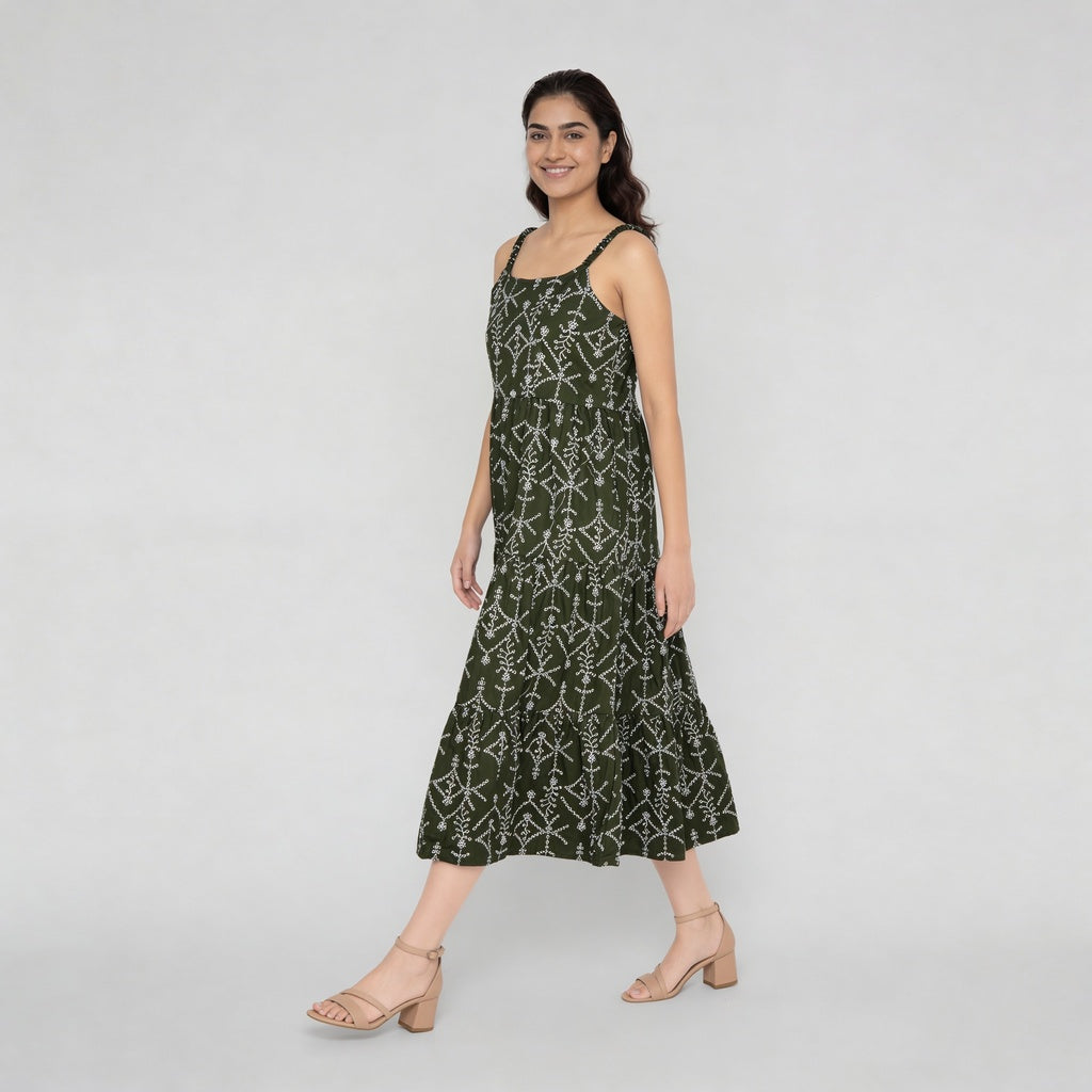 Embroidered Shoulder Straps Flared Dress