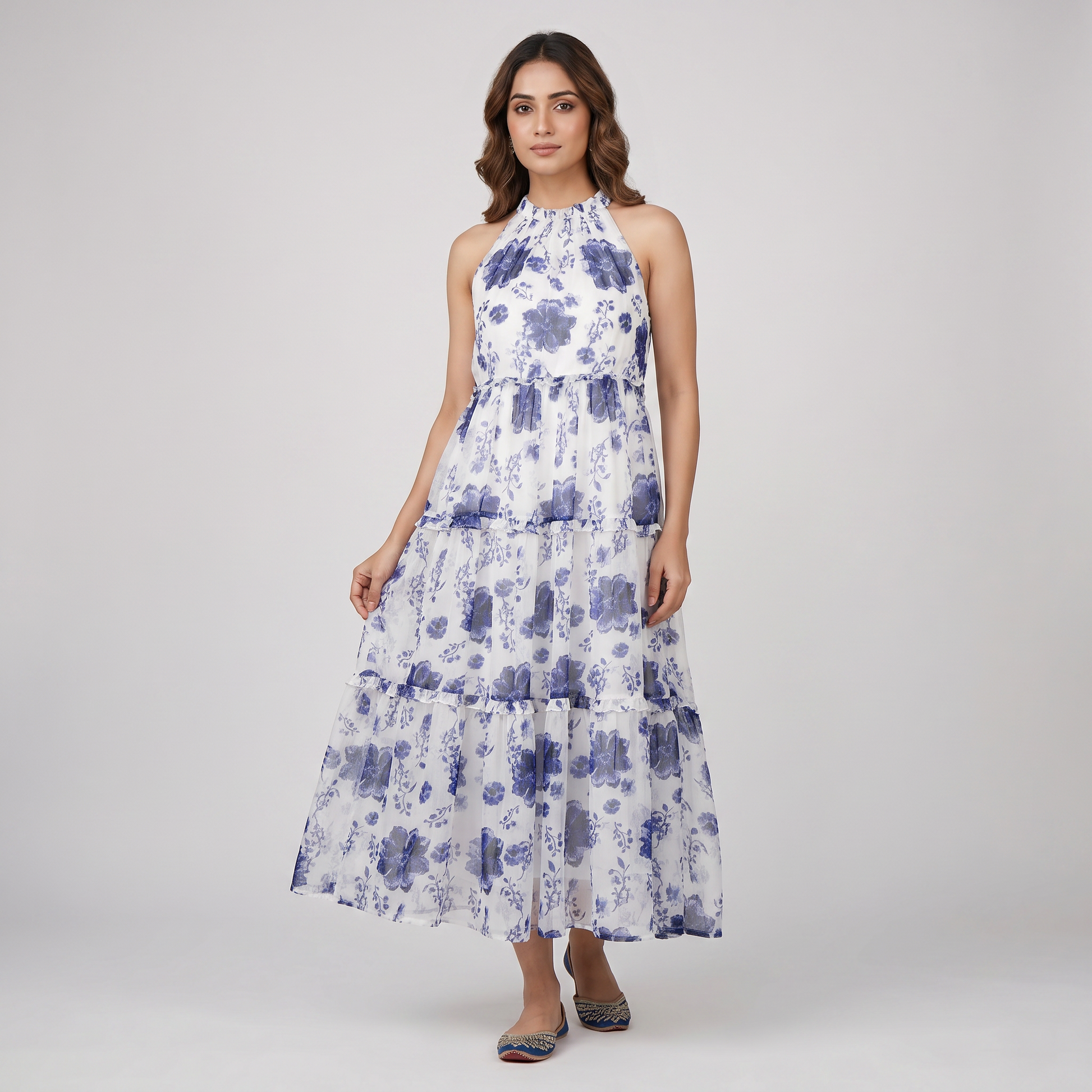 Printed Halter Neck Flared Dress