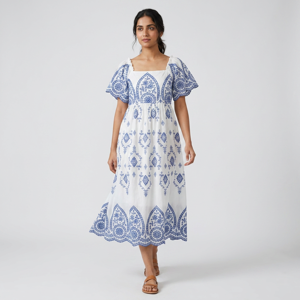 Cotton Embroidered Flared Dress
