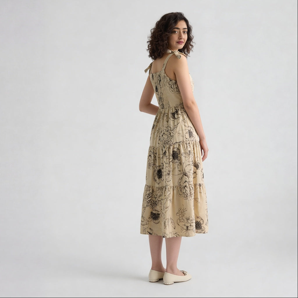 Floral Shoulder Strappy Flared Dress