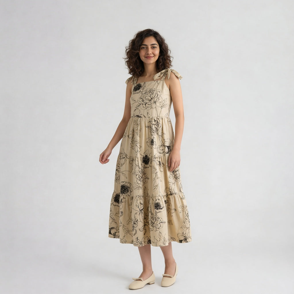 Floral Shoulder Strappy Flared Dress