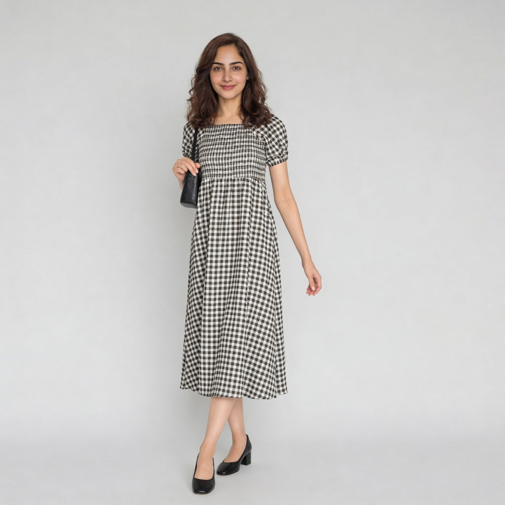 Checkered Puff Sleeve Flared Dress