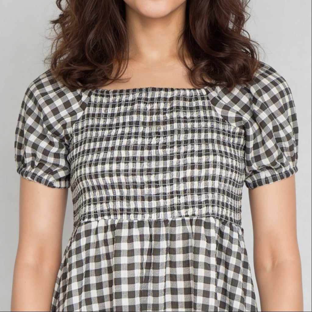 Checkered Puff Sleeve Flared Dress