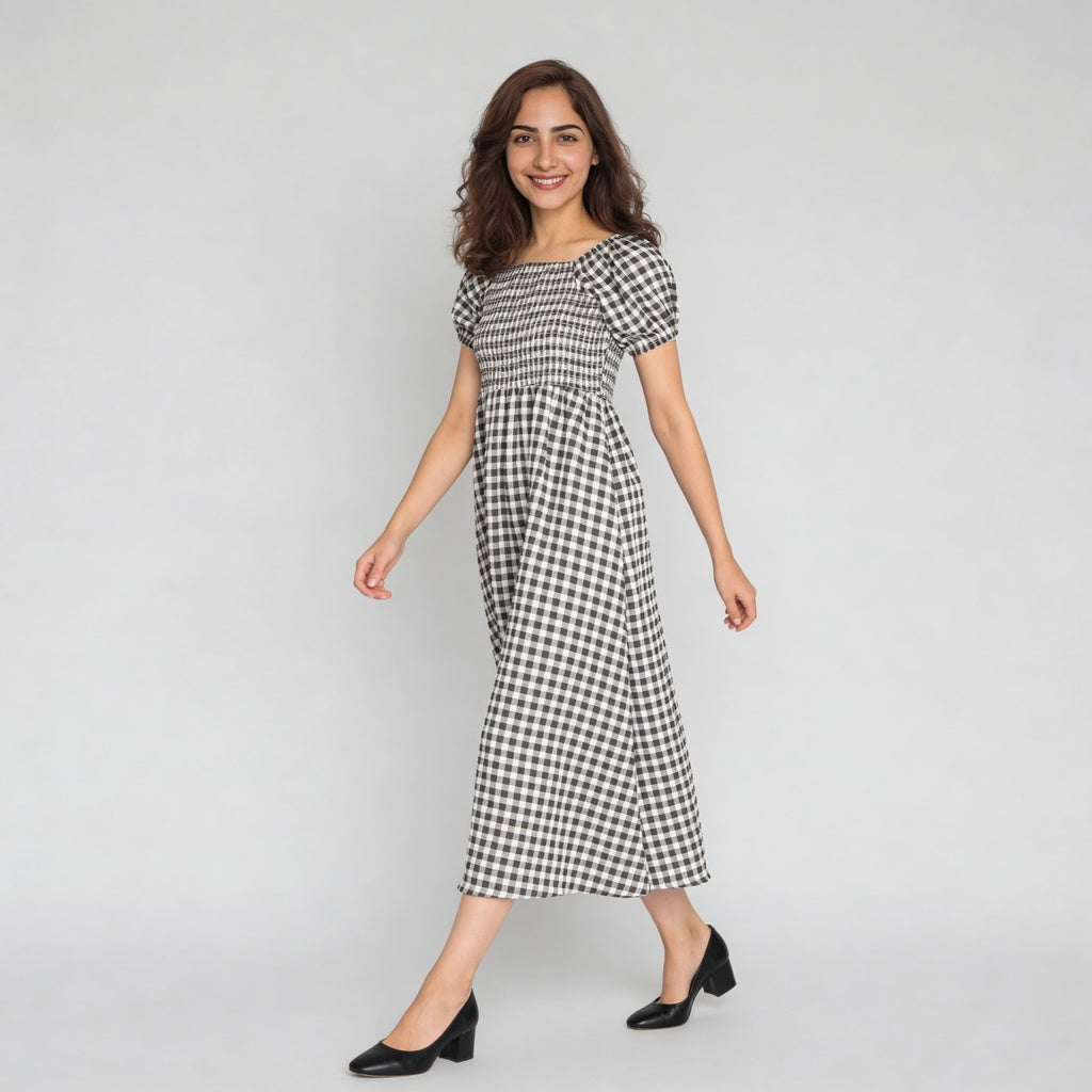 Checkered Puff Sleeve Flared Dress