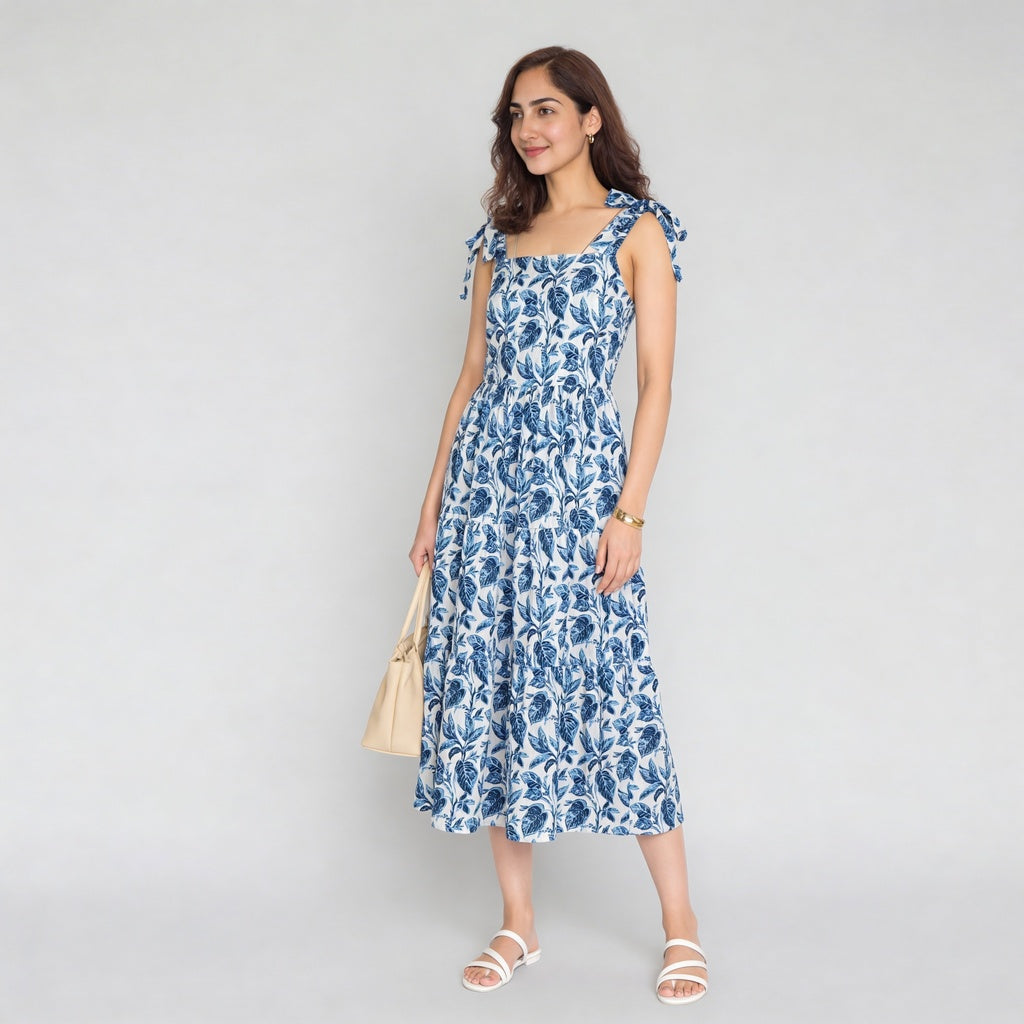 Printed Shoulder Strappy Flared Dress