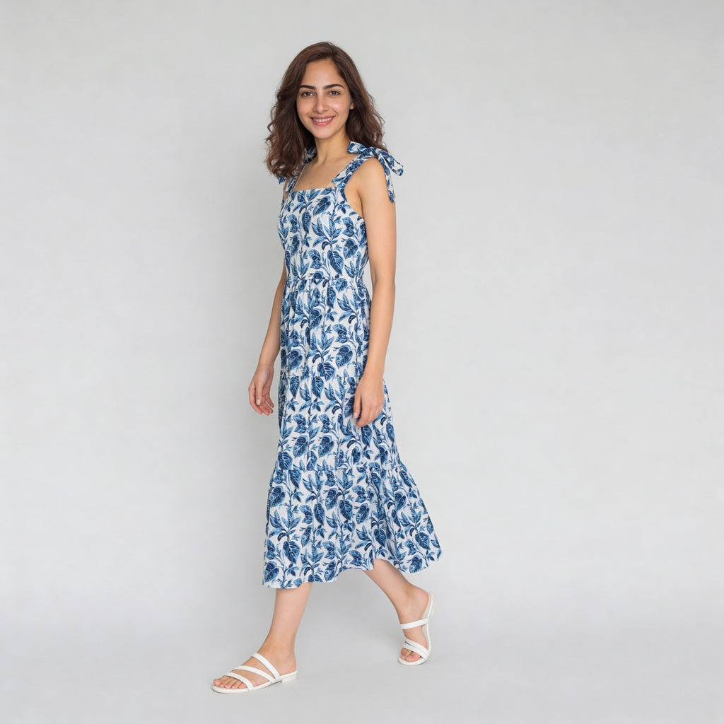 Printed Shoulder Strappy Flared Dress
