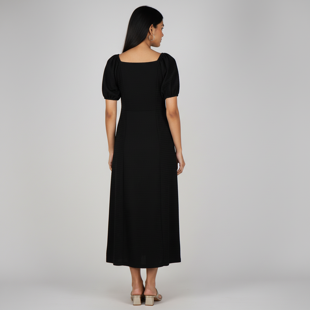 Woven Solid Puff Sleeve Dress