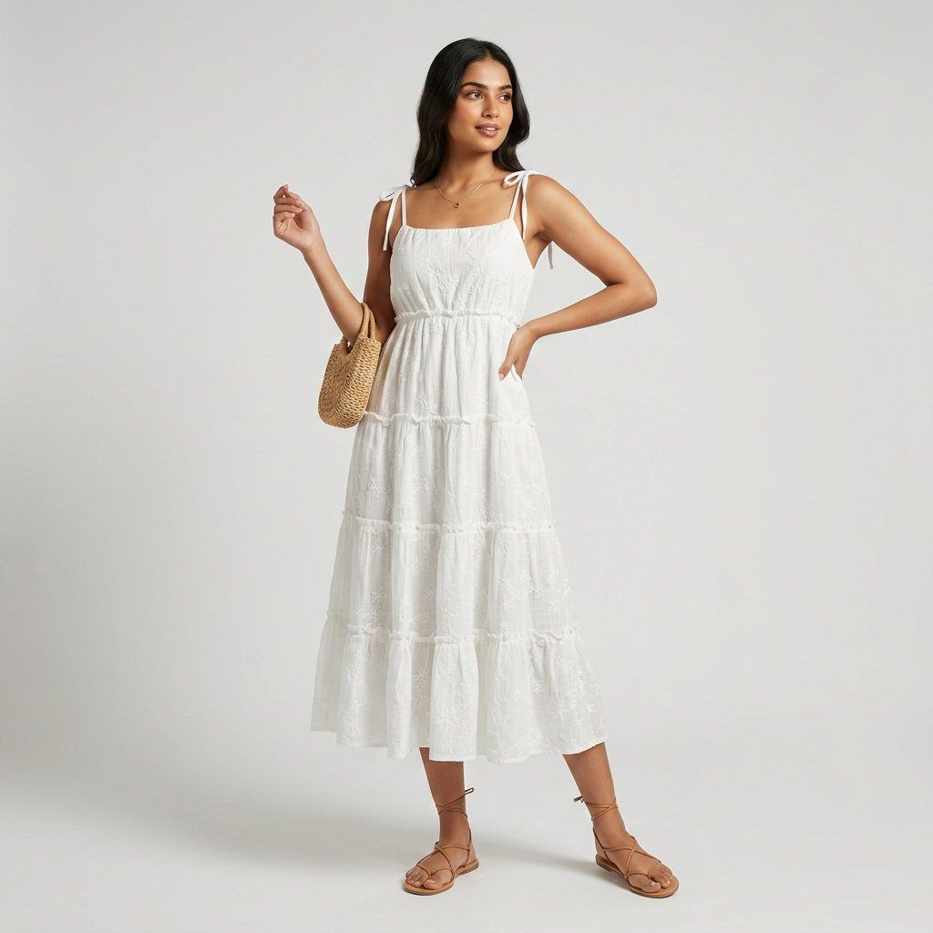 Embroidered Shoulder Straps Sleeve Flared Dress