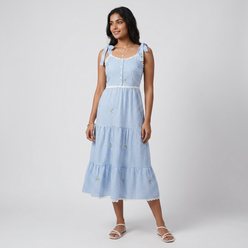 Cotton Checked Sweetheart Neck Flared Dress
