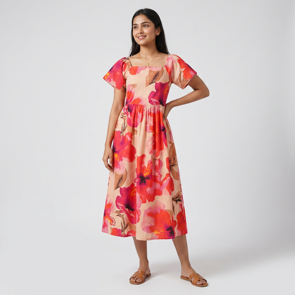 Printed Puff Sleeve Flared Dress