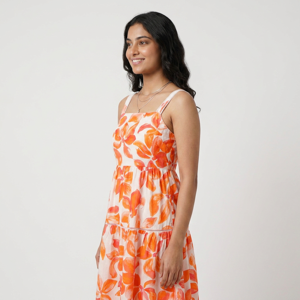Cotton Printed Shoulder Straps Sleeve Flared Dress