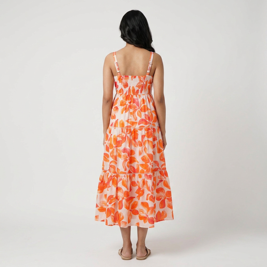 Cotton Printed Shoulder Straps Sleeve Flared Dress