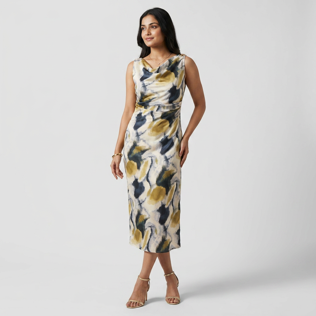 Printed Cowl Neck Slim Dress