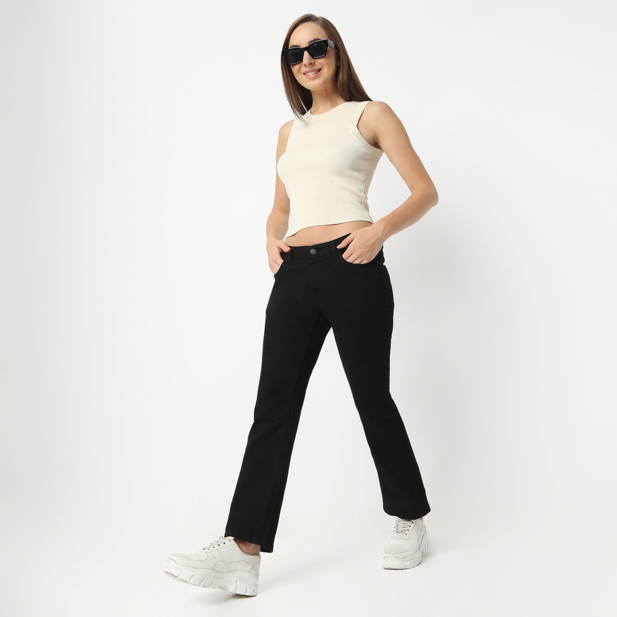 Boot Cut Solid Ankle Length Low Rise Jeans